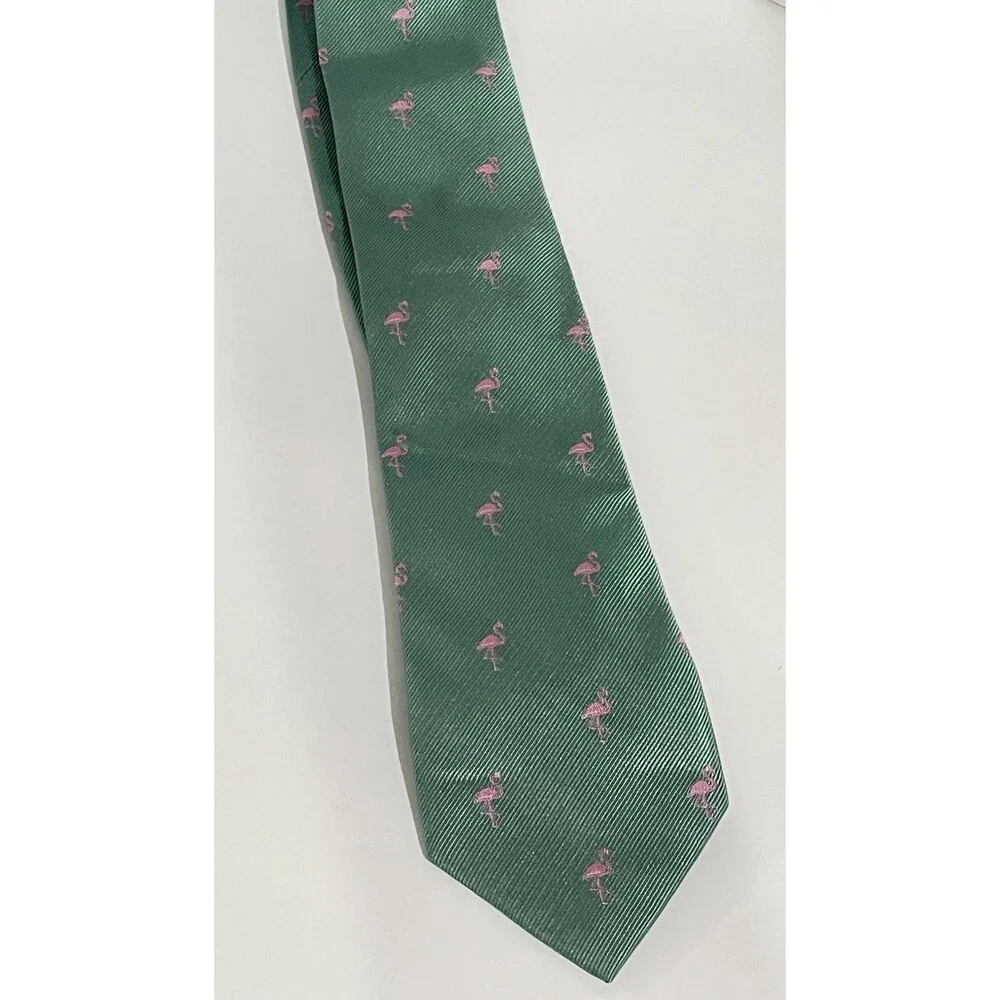 J. Crew The Narrow Tie Green Silk w/ Pink Embroidered Flamingos 3 x 59